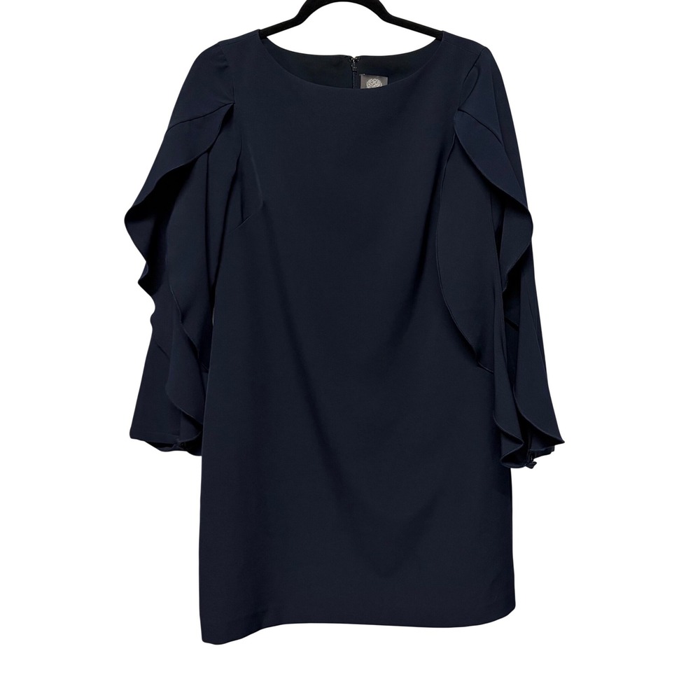 Vince Camuto Navy Blue Ruffle Sleeve Shift Dress Size 8 Mini Boat Neck Spring